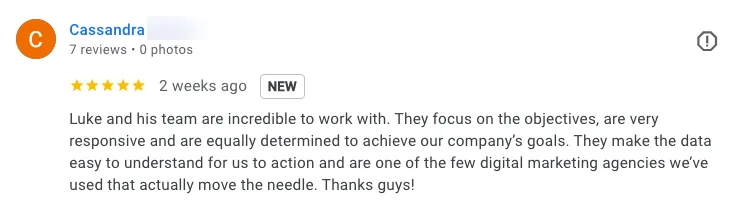 Google review from Cassandra at Wander: one of the few digital marketing agencies we have used that actually move the needle.